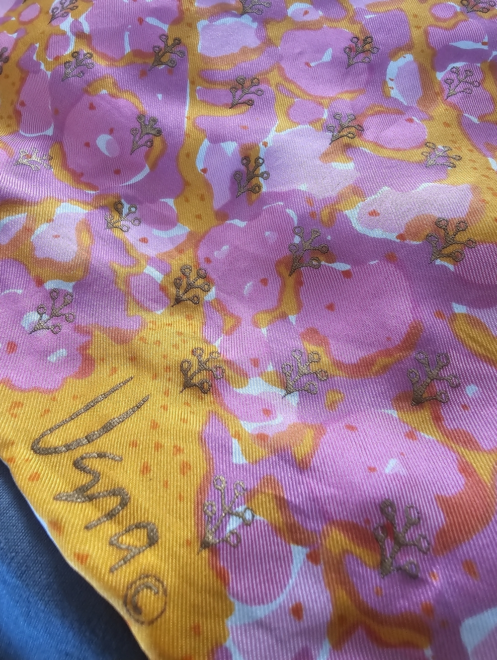 Vera Neumann Vintage Silk Blend Scarf Pink Orange Floral Mod 26” Square Japan